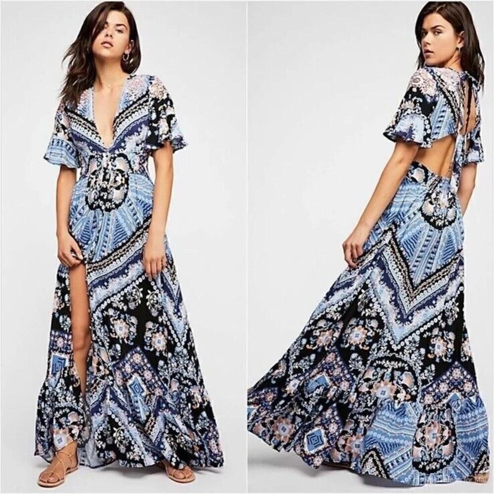 Free People Coco Printed Maxi Dress Blue Black Open Back Small